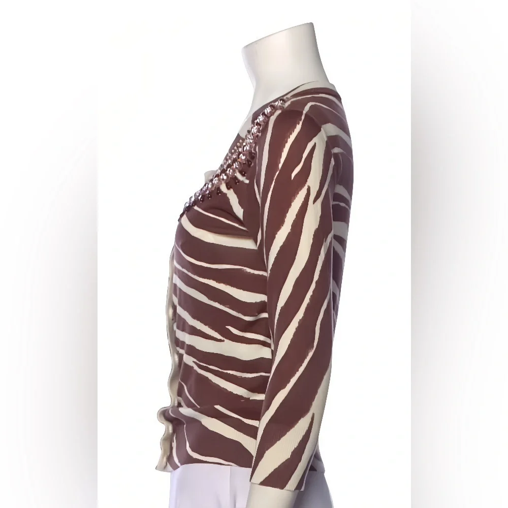 Kate Spade New York W’s Brown Zebra Print Cardigan Sweater S Beaded Embellished